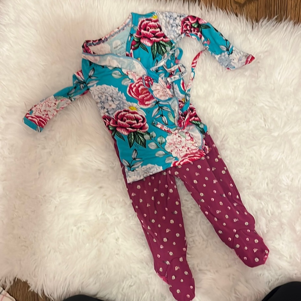 Posh Peanut Ruffle tie front Kimono top and footed bottoms